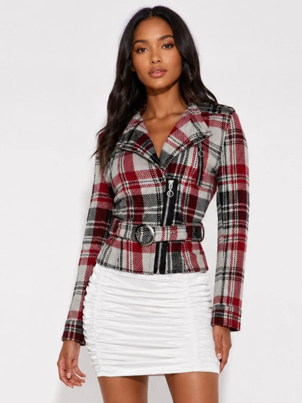 VINTAGE WOOL BLEND Red Black White Plaid Belted Moto Jacket